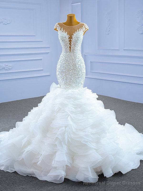 White Mermaid Beading Pearls Cap Sleeve Wedding Dress Main image
