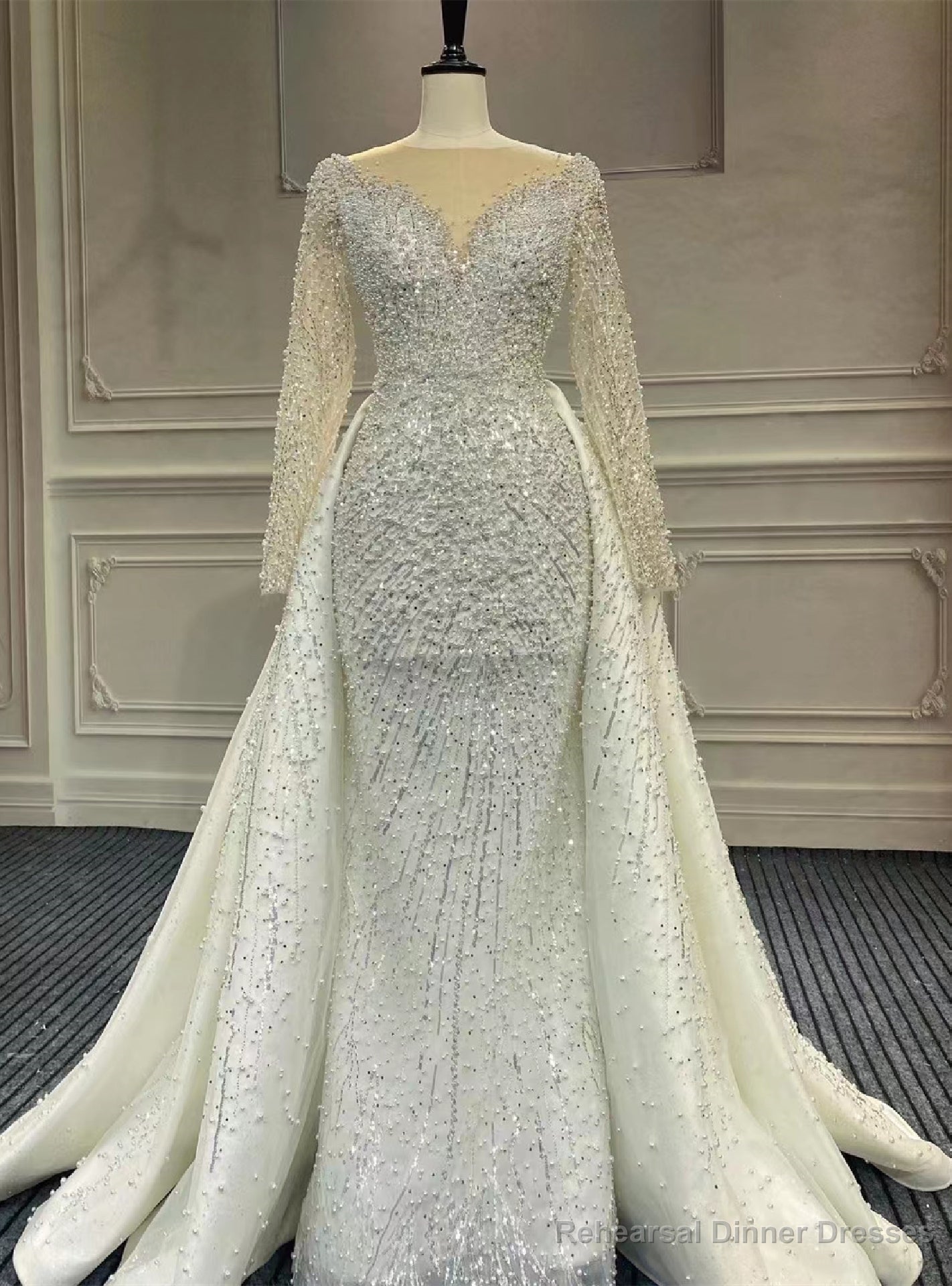 White Mermaid Heavy Beading Long Sleeve Backless Wedding Dress Main image