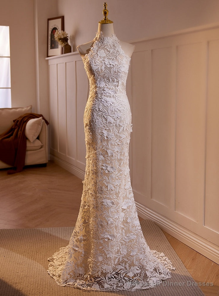 White Mermaid Lace High Neck Backless Wedding Dress Main image