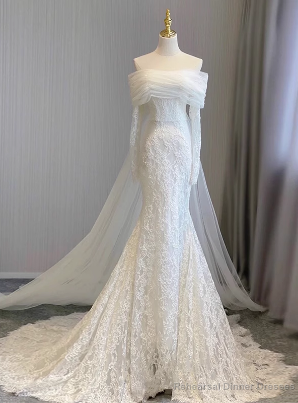 White Mermaid Lace Tulle Long Sleeve Wedding Dress Main image