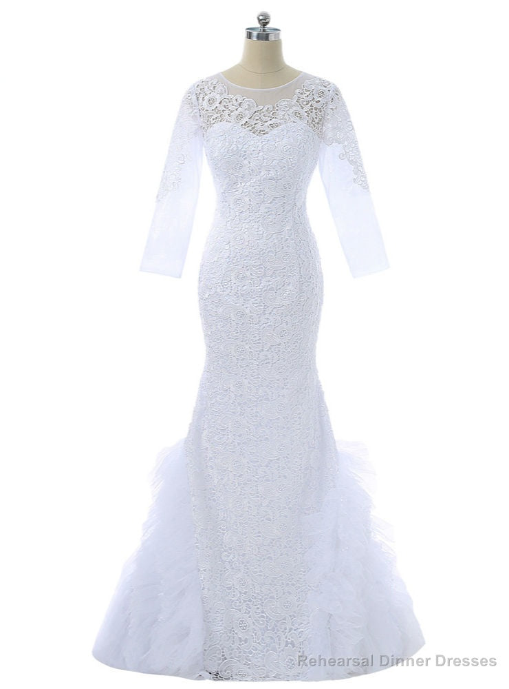 White Mermaid Long Sleeves Lace Long Dresses Mother Of The Bride Dresses