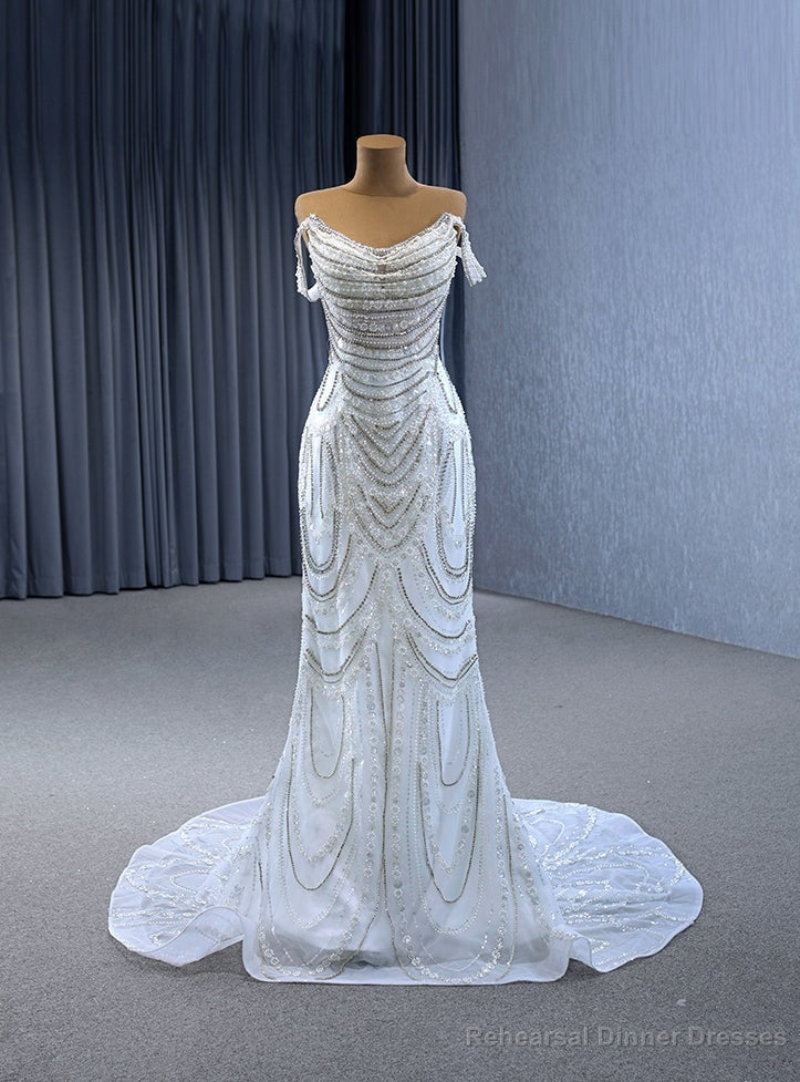 White Mermaid Off the Shoulder Pearls Beading Wedding Dress Main image
