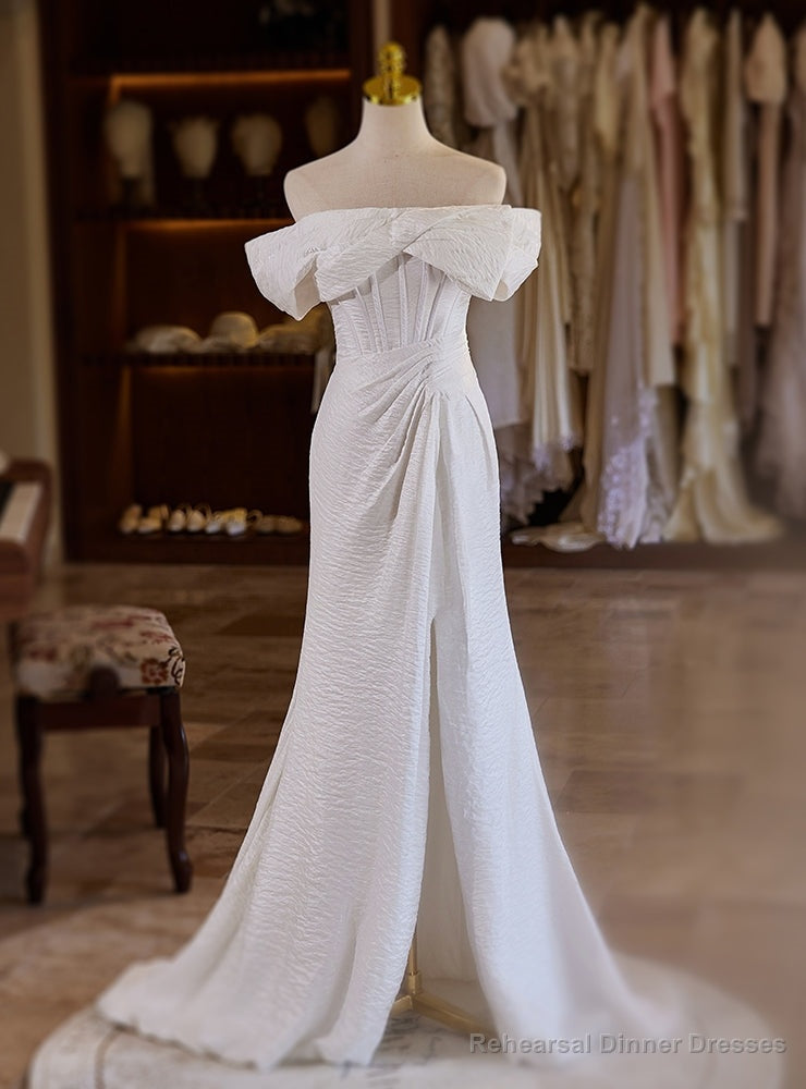 White Mermaid Off the Shoulder Pleats Split Wedding Dress Main image
