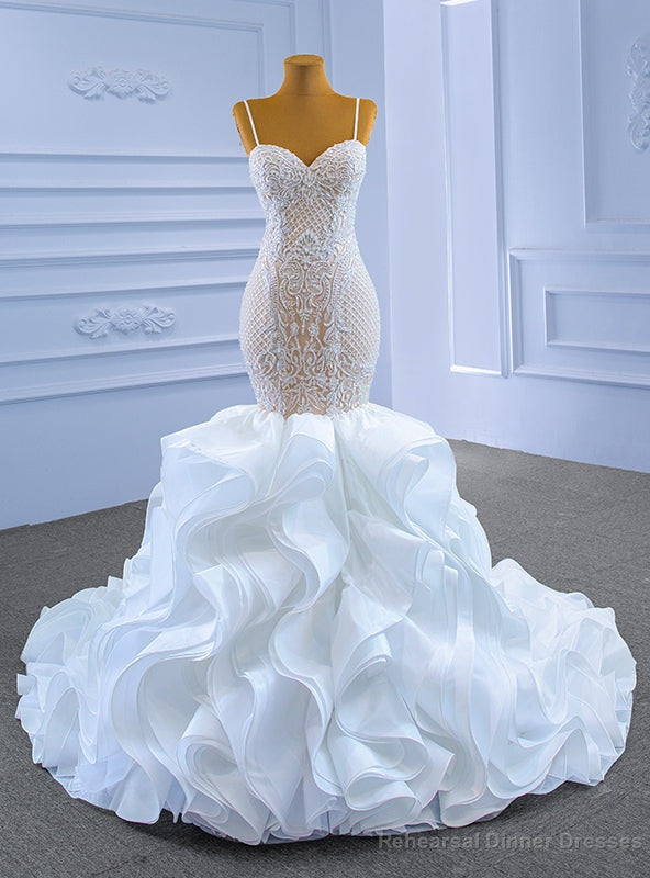 White Mermaid Organza Appliques Beading Wedding Dress Main image