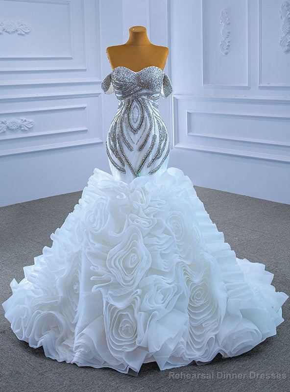 White Mermaid Organza Beading Crystal Wedding Dress Main image