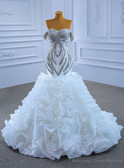 White Mermaid Organza Beading Crystal Wedding Dress