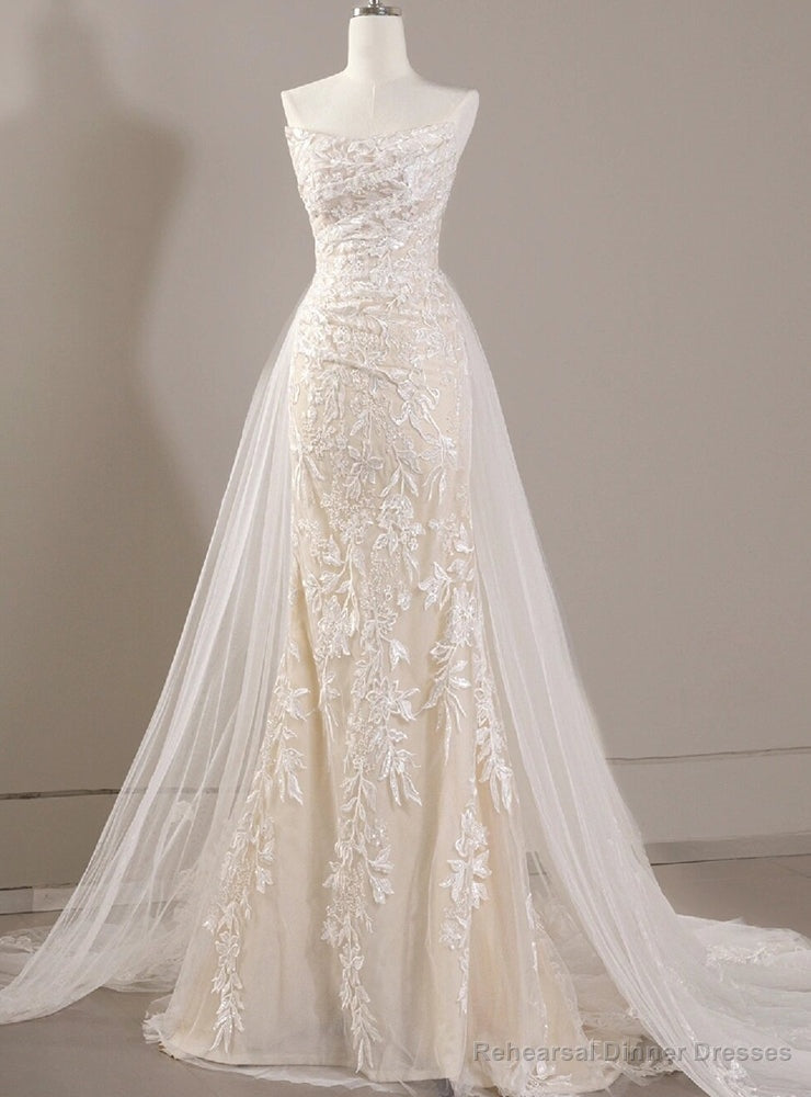 White Mermaid Pleats Lace Strapless Wedding Dress Main image