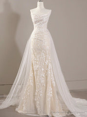 White Mermaid Pleats Lace Strapless Wedding Dress