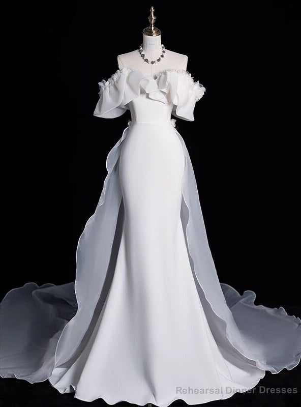 White Mermaid Satin Flower Off the Shoulder Wedding Dress