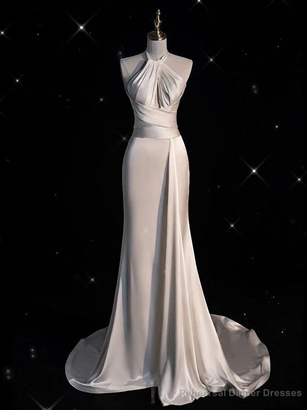 White Mermaid Satin Halter Backless Wedding Dress Main image