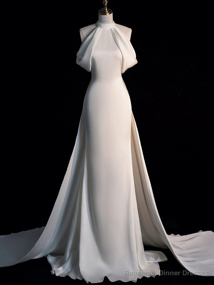 White Mermaid Satin High Neck Wedding Dress Main image