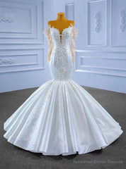 White Mermaid Satin Long Sleeve Appliques Beading Wedding Dress