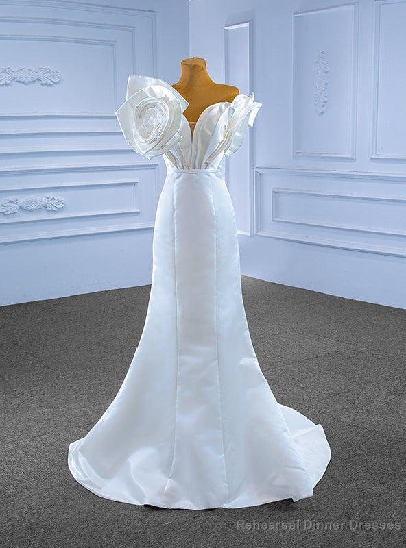 White Mermaid Satin Off the Shoulder Pleats Wedding Dress Main image
