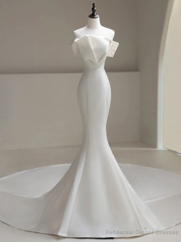 White Mermaid Satin Off the Shoulder Wedding Dress With Train Main image