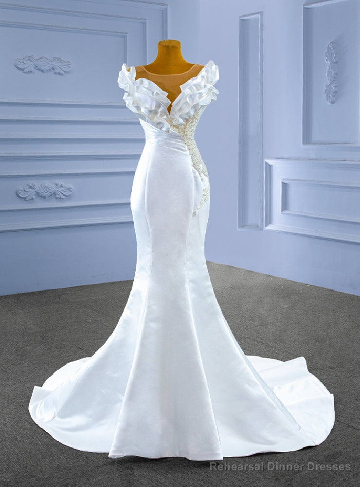 White Mermaid Satin Pearls Pleats Wedding Dress Main image