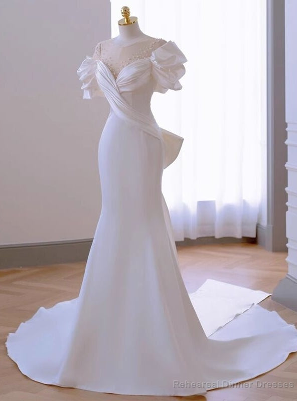 White Mermaid Satin Pleats Beading Wedding Dress Main image