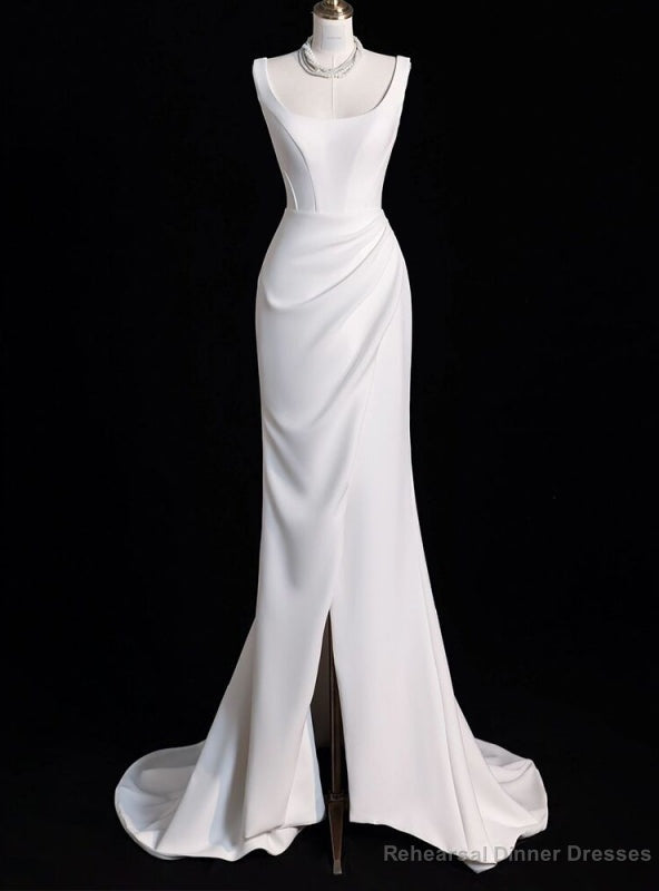 White Mermaid Satin Pleats Split Wedding Dress Main image