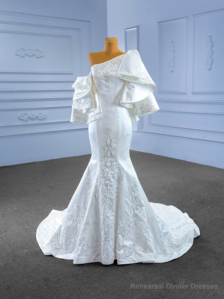 White Mermaid Satin Sequins Wedding Dress Main image