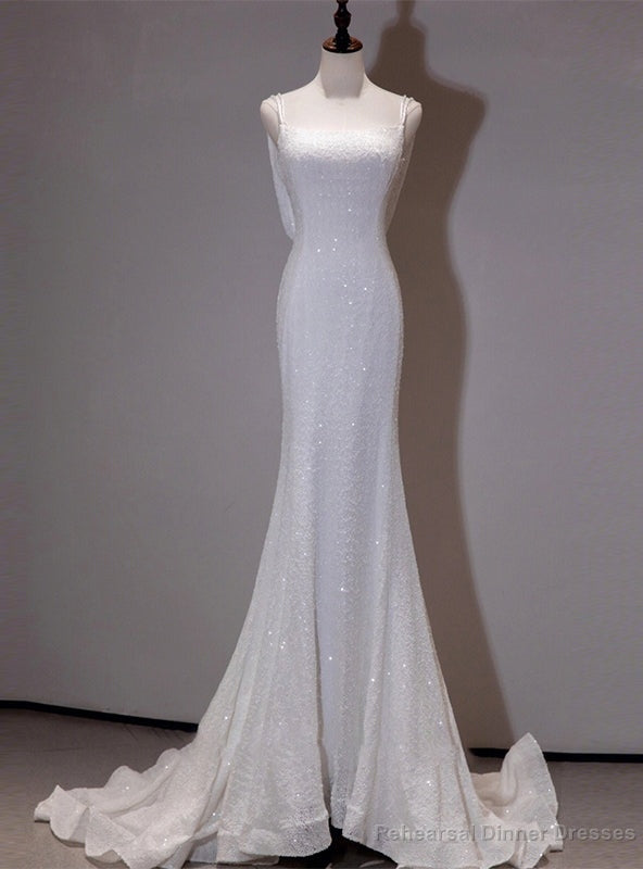 White Mermaid Sequins Backless Wedding Dress Main image