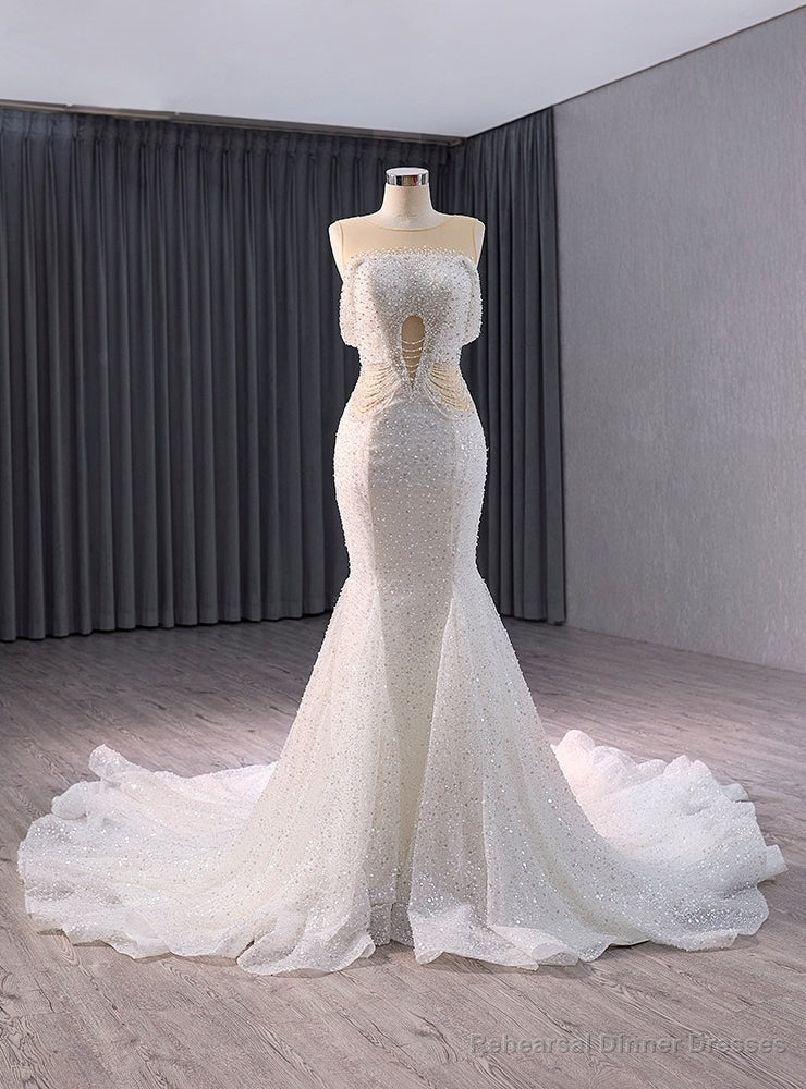 White Mermaid Sequins Beading See Through Wedding Dress Main image