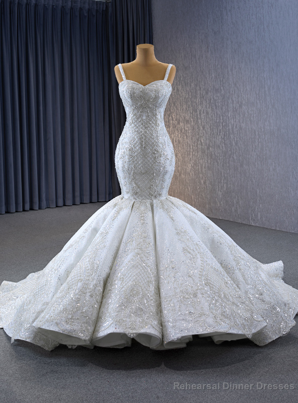 White Mermaid Sequins Beading Wedding Dress Main image