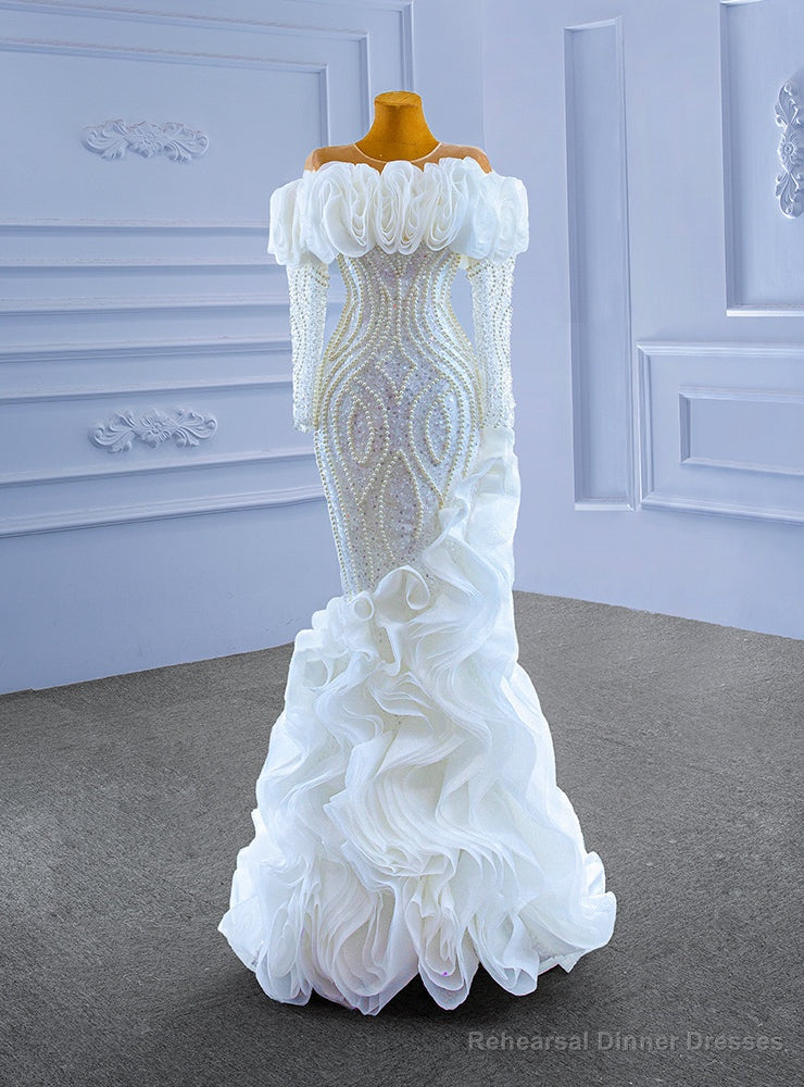 White Mermaid Sequins Long Sleeve Pearls Wedding Dress Main image