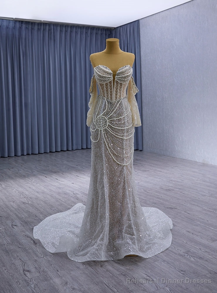 White Mermaid Sequins Long Sleeve Strapless Pearls Wedding Dress Main image