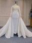 White Mermaid Sequins Pearls Long Sleeve Wedding Dress With Detachable Train