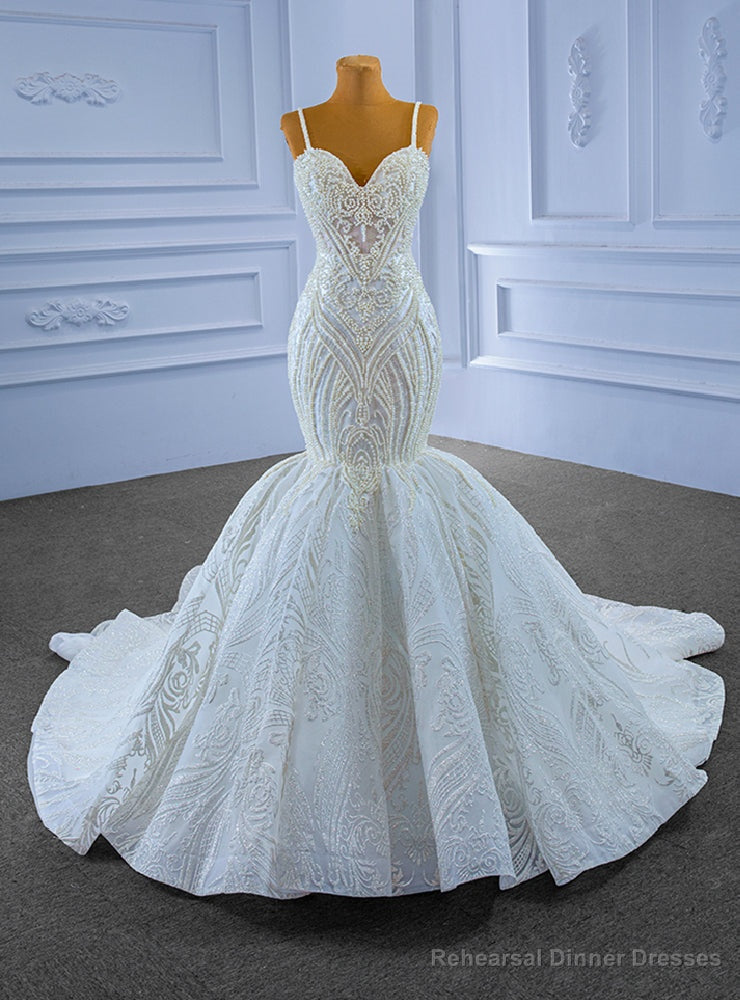 White Mermaid Sequins Spaghetti Straps Pearls Wedding Dress Main image