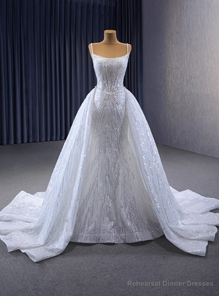 White Mermaid Sequins Spaghetti Straps Wedding Dress Detachable Train Main image