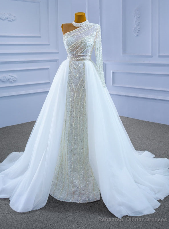 White Mermaid Seuqins Long Sleeve Pearls Wedding Dress Main image