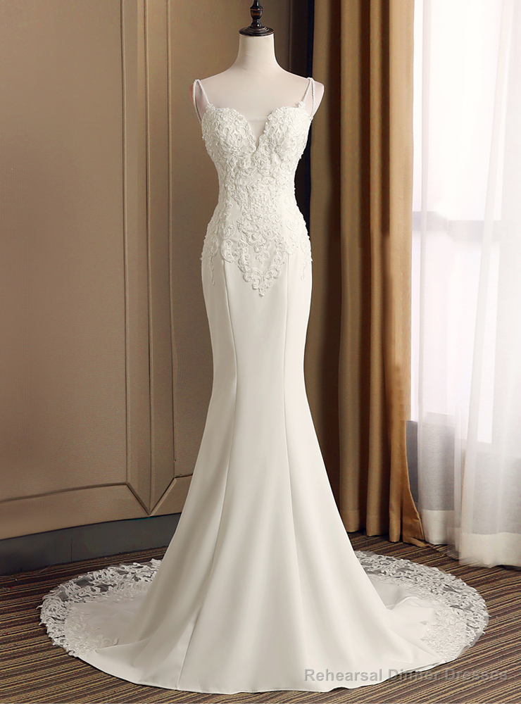 White Mermaid Spaghetti Straps Appliques Beading Wedding Dress Main image