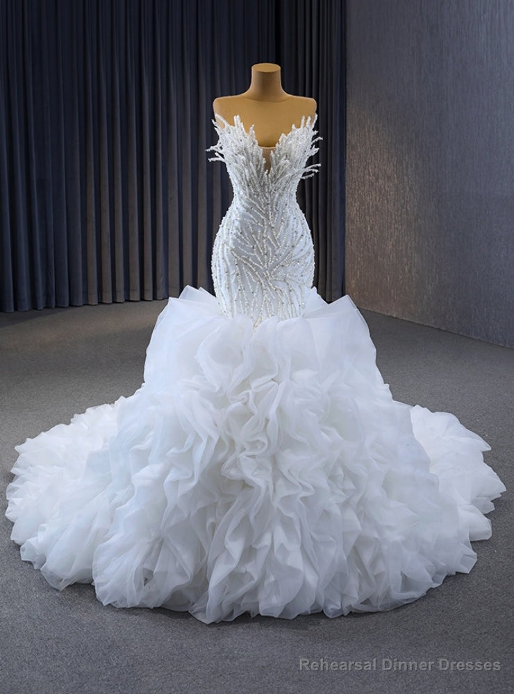 White Mermaid Strapless Beading Prom Dress Main image