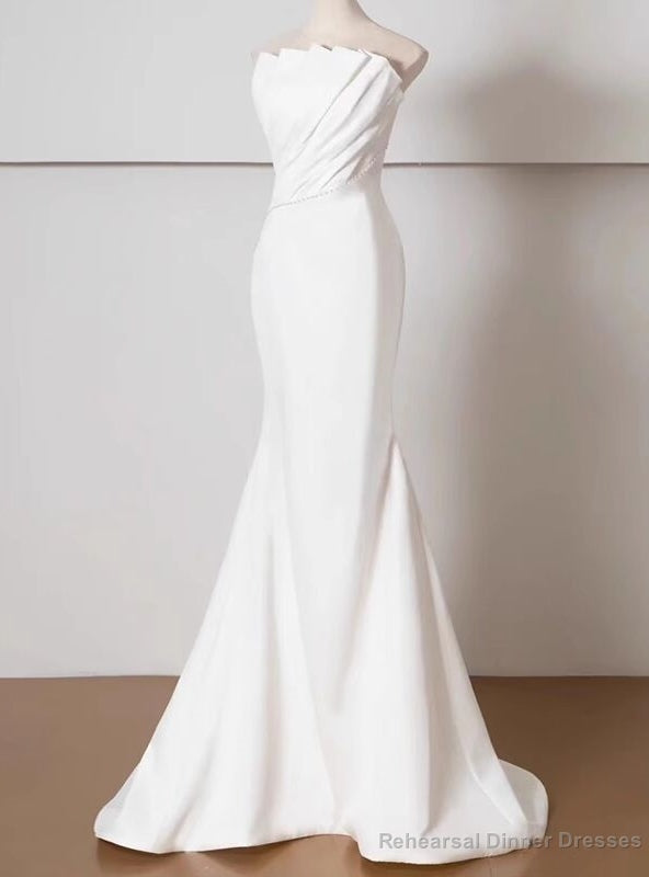 White Mermaid Strapless Pleats Pearls Wedding Dress Main image