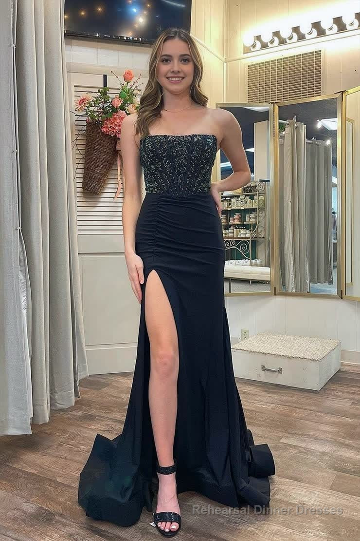 White Mermaid Strapless Satin Long Prom Dresses With Beading Main image