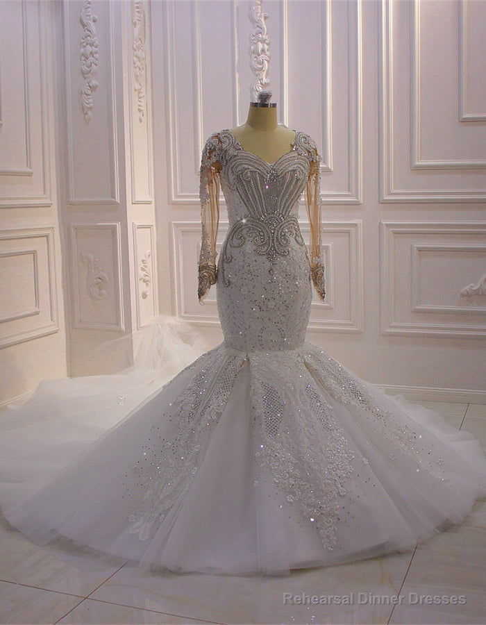 White Mermaid Tulle Appliques Beading Pearls Wedding Dress Main image