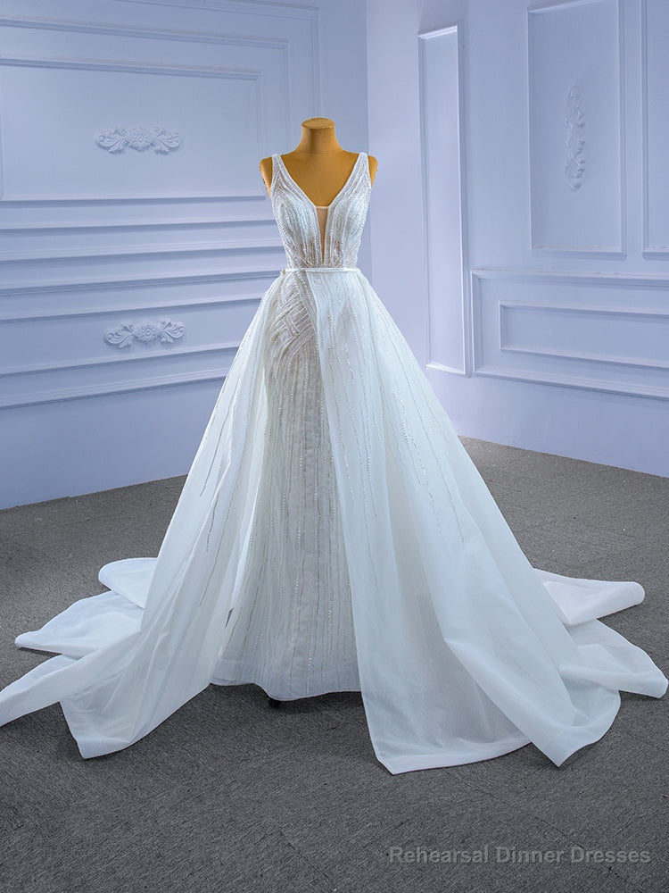 White Mermaid Tulle Beading Pearls V-neck Wedding Dress With Detachable Train Main image