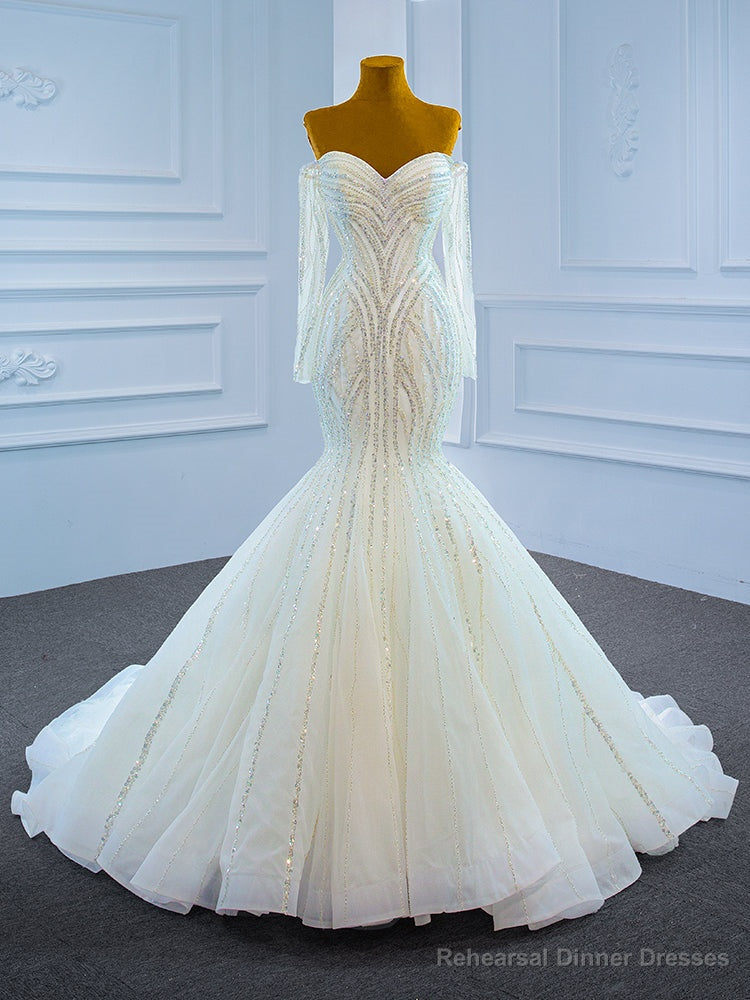 White Mermaid Tulle Long Sleeve Beading Sequins Wedding Dress Main image