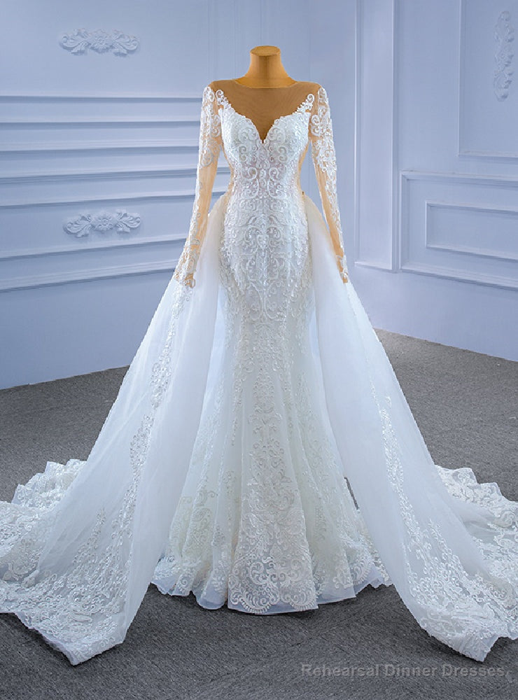 White Mermaid Tulle Long Sleeve Wedding Dress With Detachable Train Main image