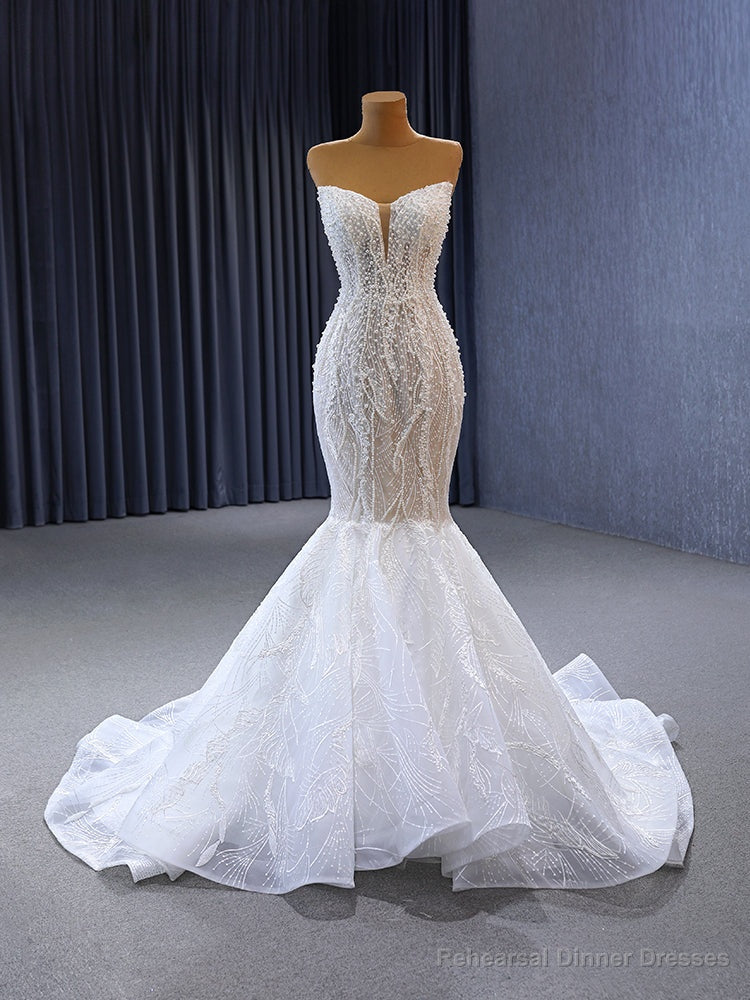 White Mermaid Tulle Pearls Strapless Wedding Dress Main image