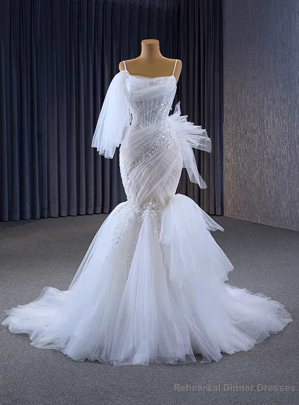 White Mermaid Tulle Pleats Beading Wedding Dress Main image