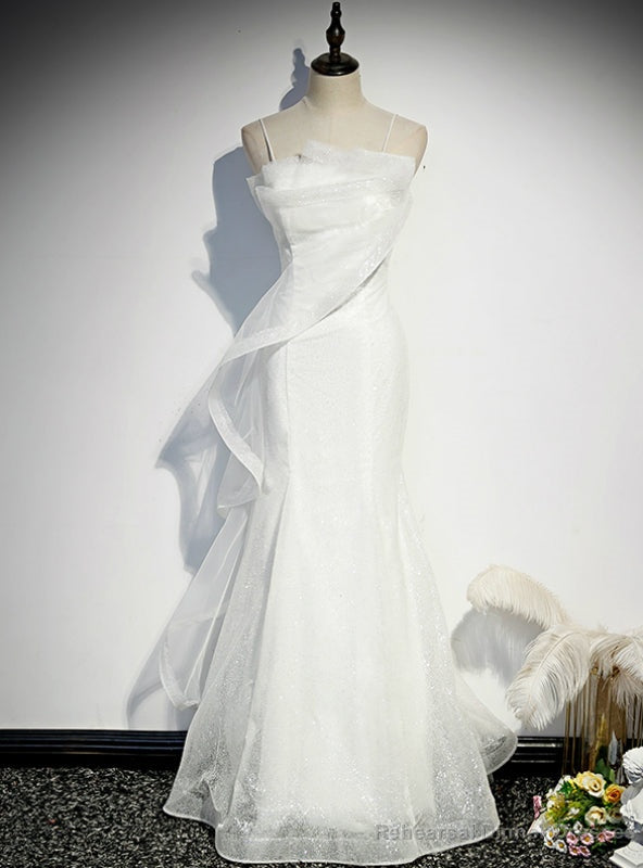 White Mermaid Tulle Sequins Spaghetti Straps Prom Dress Main image