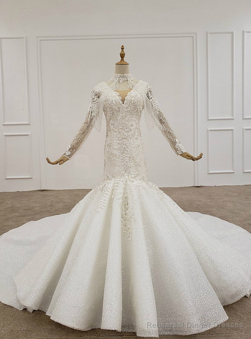 White Mermaid Tulle Sequins V-neck Long Sleeve Appliques Beading Wedding Dress