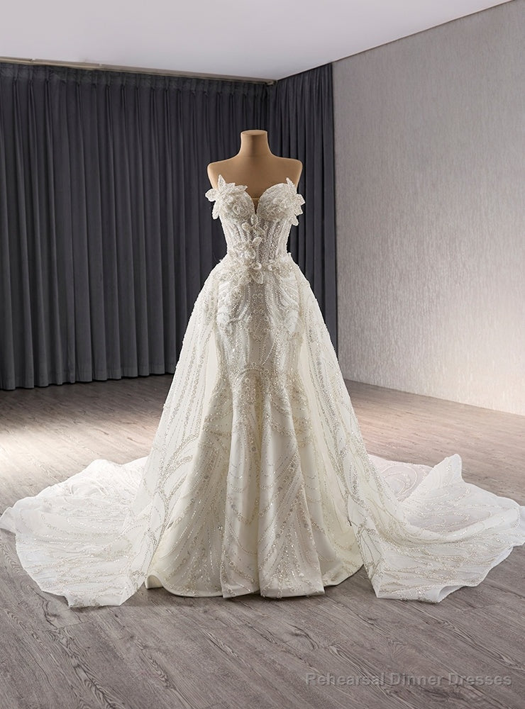 White Mermaid Tulle Strapless Beading Wedding Dress With Detachable Tail Main image