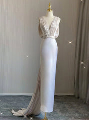 White Mermaid V-neck Backless Pleats Wedding Dress