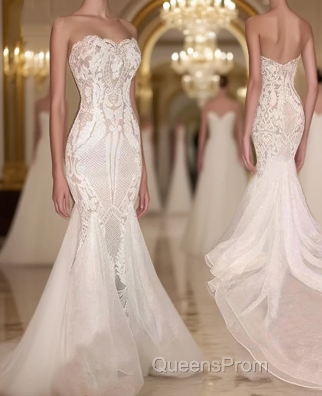 White Mermaid Wedding Dress With Appliques Tulle Ruffles Bridal Gowns Evening Prom Dress Main image