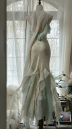White Mint Green Romantic Fashion Elegant Delicate Beaded Lace Spaghetti Straps Long Tulle Chiffon Ruffle Ball Gown Classy Evening Gown Party Dress