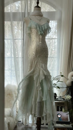 White Mint Green Romantic Fashion Elegant Delicate Beaded Lace Spaghetti Straps Long Tulle Chiffon Ruffle Ball Gown Classy Evening Gown Party Dress