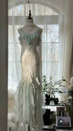 White Mint Green Romantic Fashion Elegant Delicate Beaded Lace Spaghetti Straps Long Tulle Chiffon Ruffle Ball Gown Classy Evening Gown Party Dress