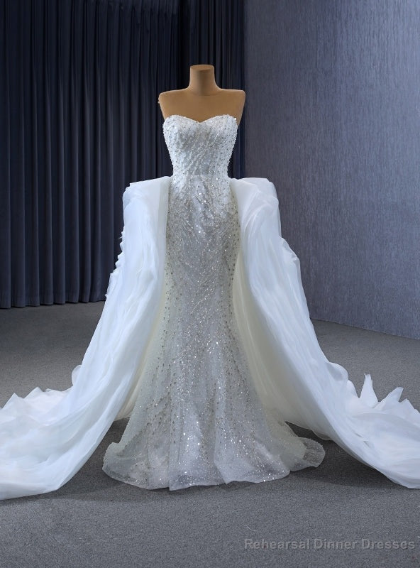 White Mrmaid Sequins Pearls Wedding Dress Main image
